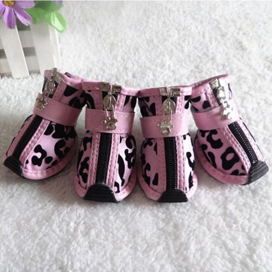 4pcs Gold Leopard Leather Pet Shoes – PU Anti-Slip Waterproof Booties