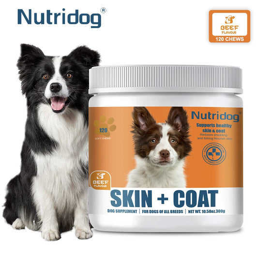 Skin & Coat Supplement for Dogs – 120 Soft Chews with Omega 3, 9 & Vitamin E