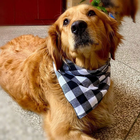 Large Dog Bandana – Cotton Plaid Washable Scarf with Bow Tie