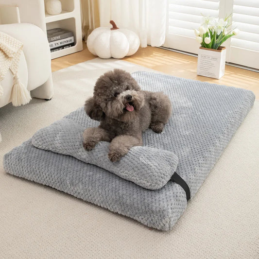 CalmNest Fluffy Dog Bed – Warm Plush Mat with Pillow & Washable Cover
