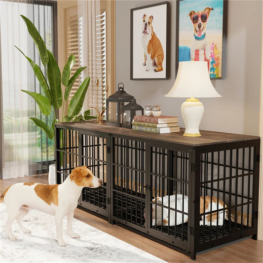 Large Wooden Dog Crate – Furniture-Style Indoor Kennel with 3 Doors & Tray