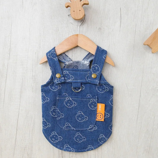 Designer Luxury Summer Dog Clothes – Denim Dress & Harness for Small Dogs