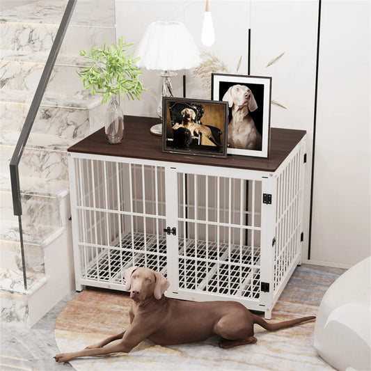 Large Wooden Dog Crate – Furniture-Style Indoor Kennel with 3 Doors & Tray